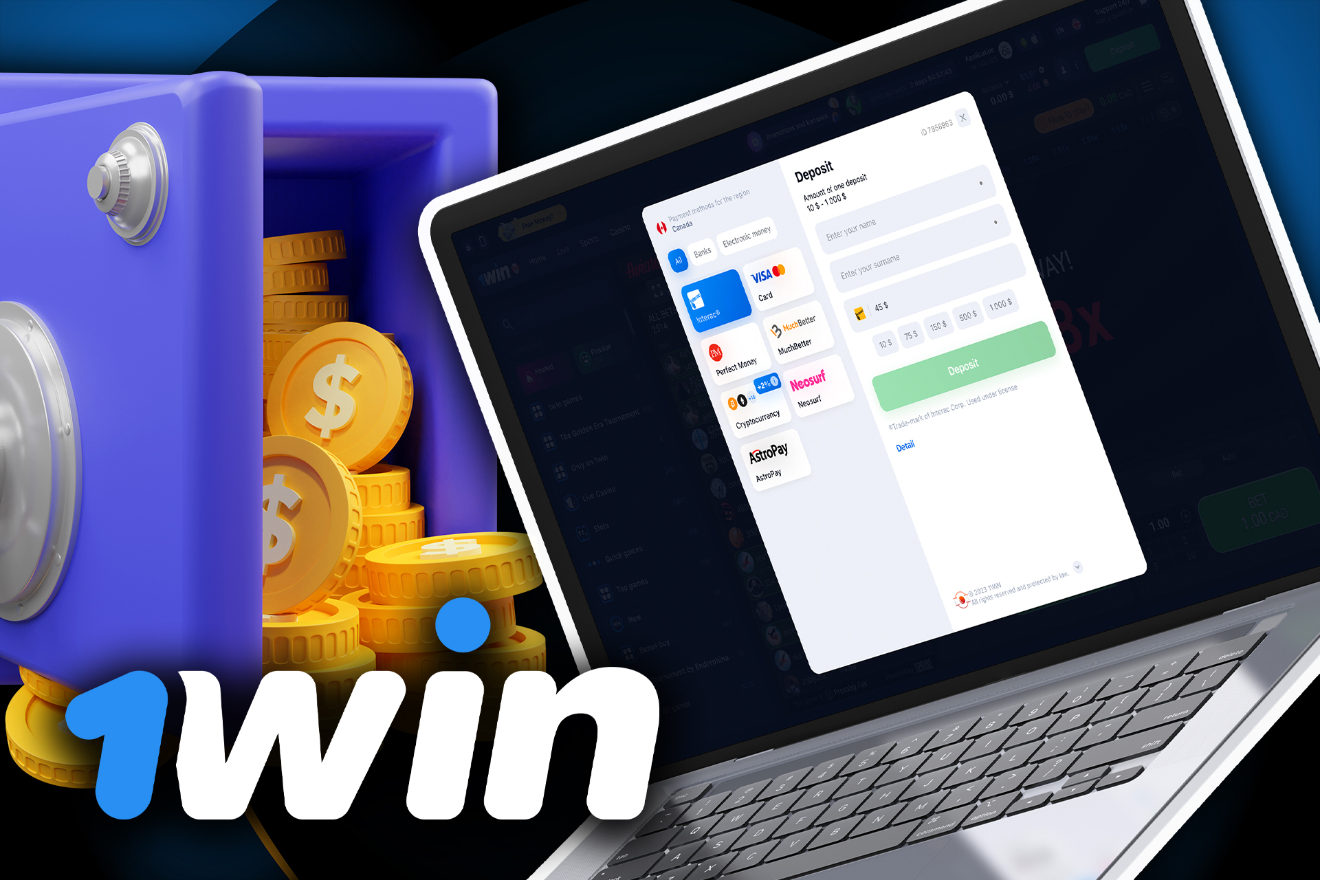 Open the 1win cashier.