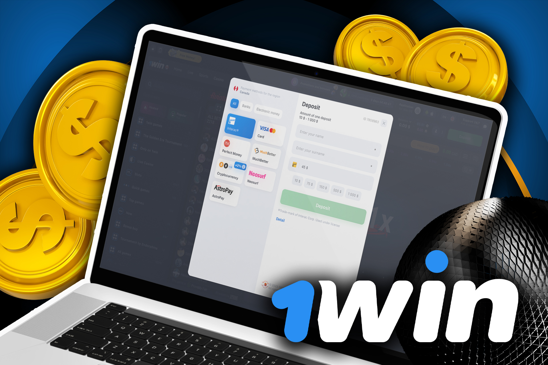 Opent the 1win cashier.