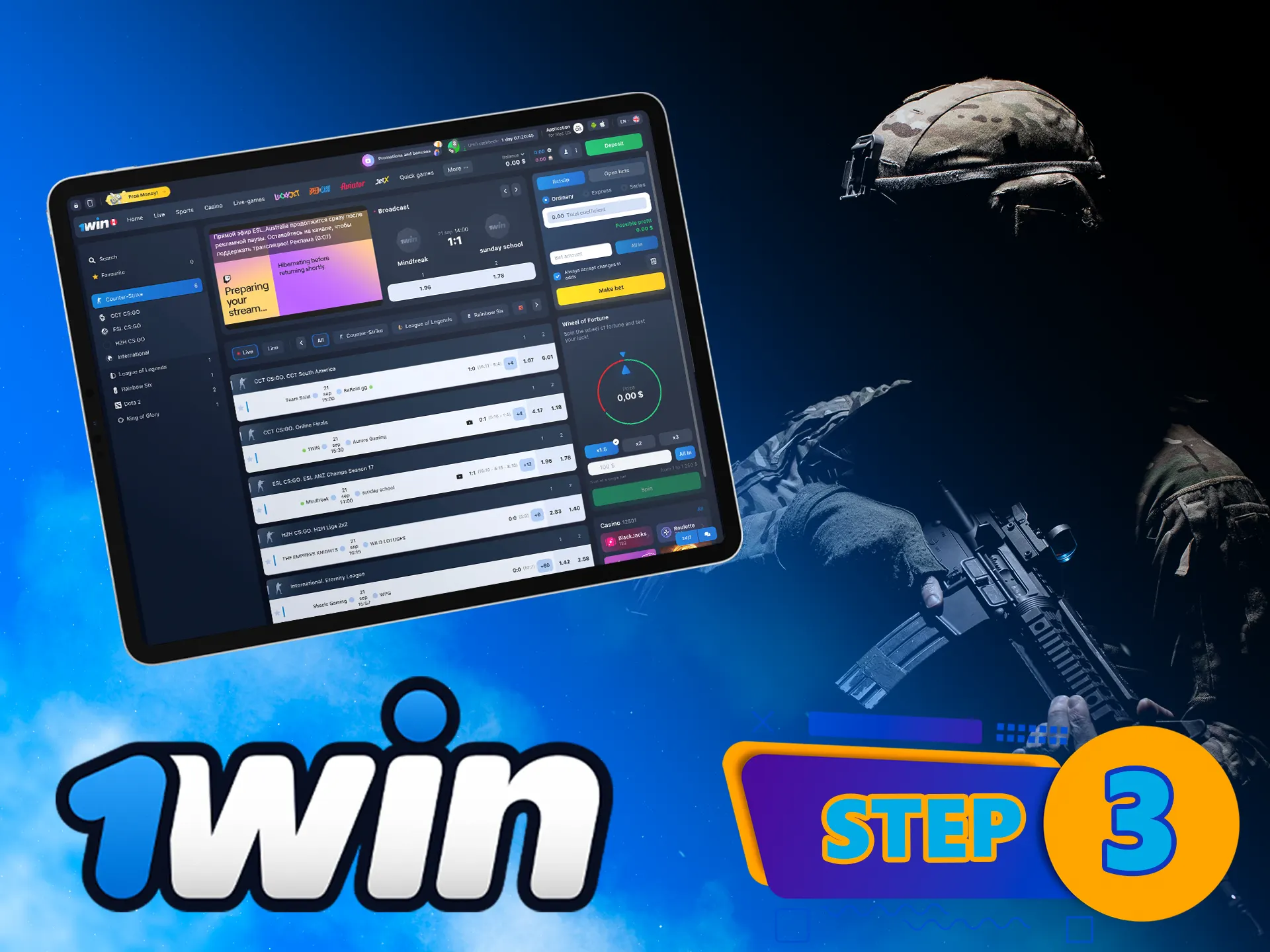 Then decide which market and match in the CS:GO section you like better on 1Win.