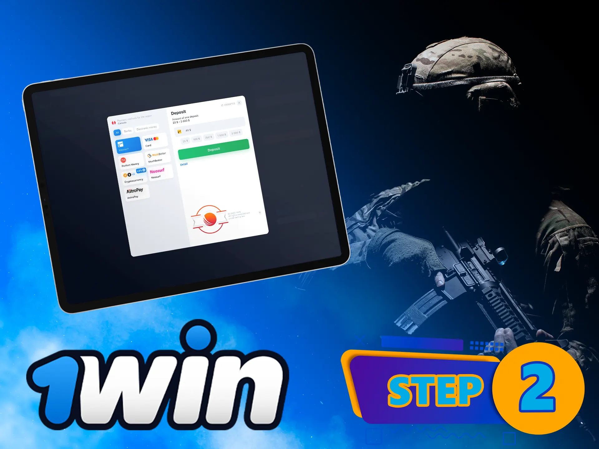 Next, players must deposit funds into their 1Win virtual account by selecting a convenient deposit method.