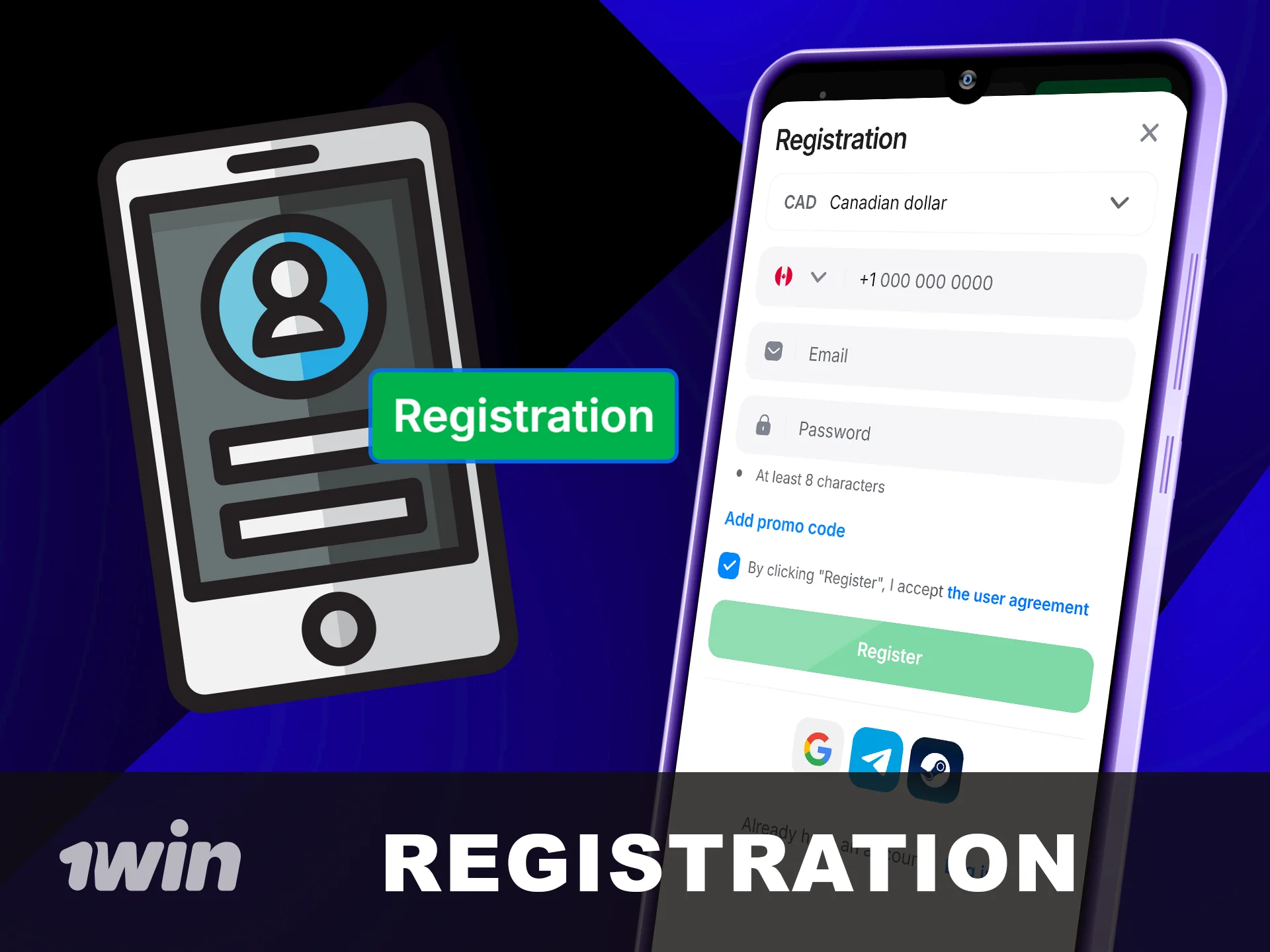 Complete In-app Registration for 1win account now.