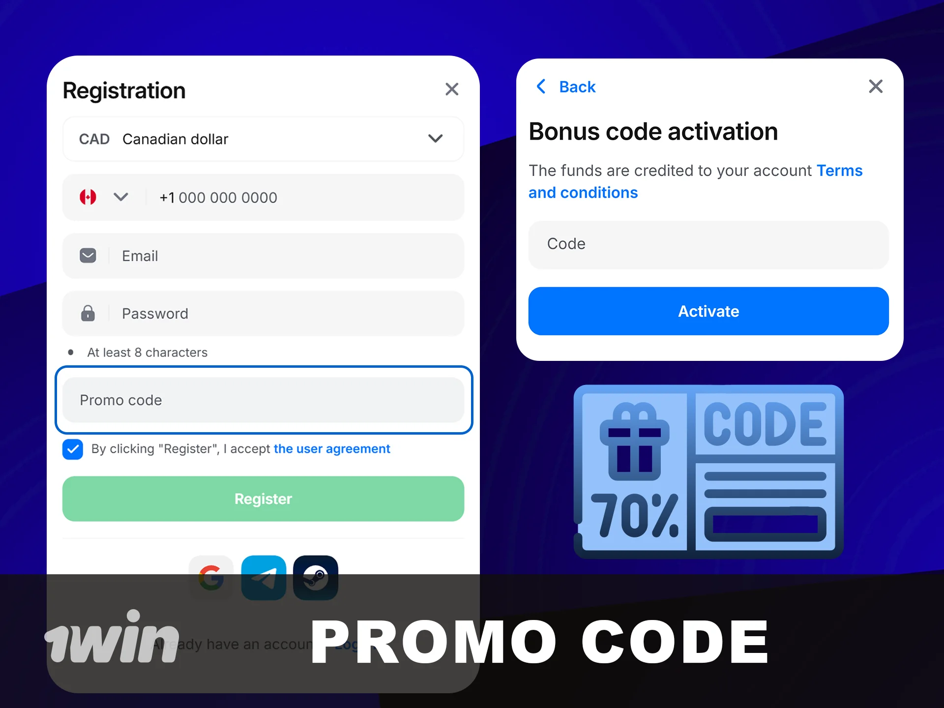 Enter your exclusive 1win Promo Code here.